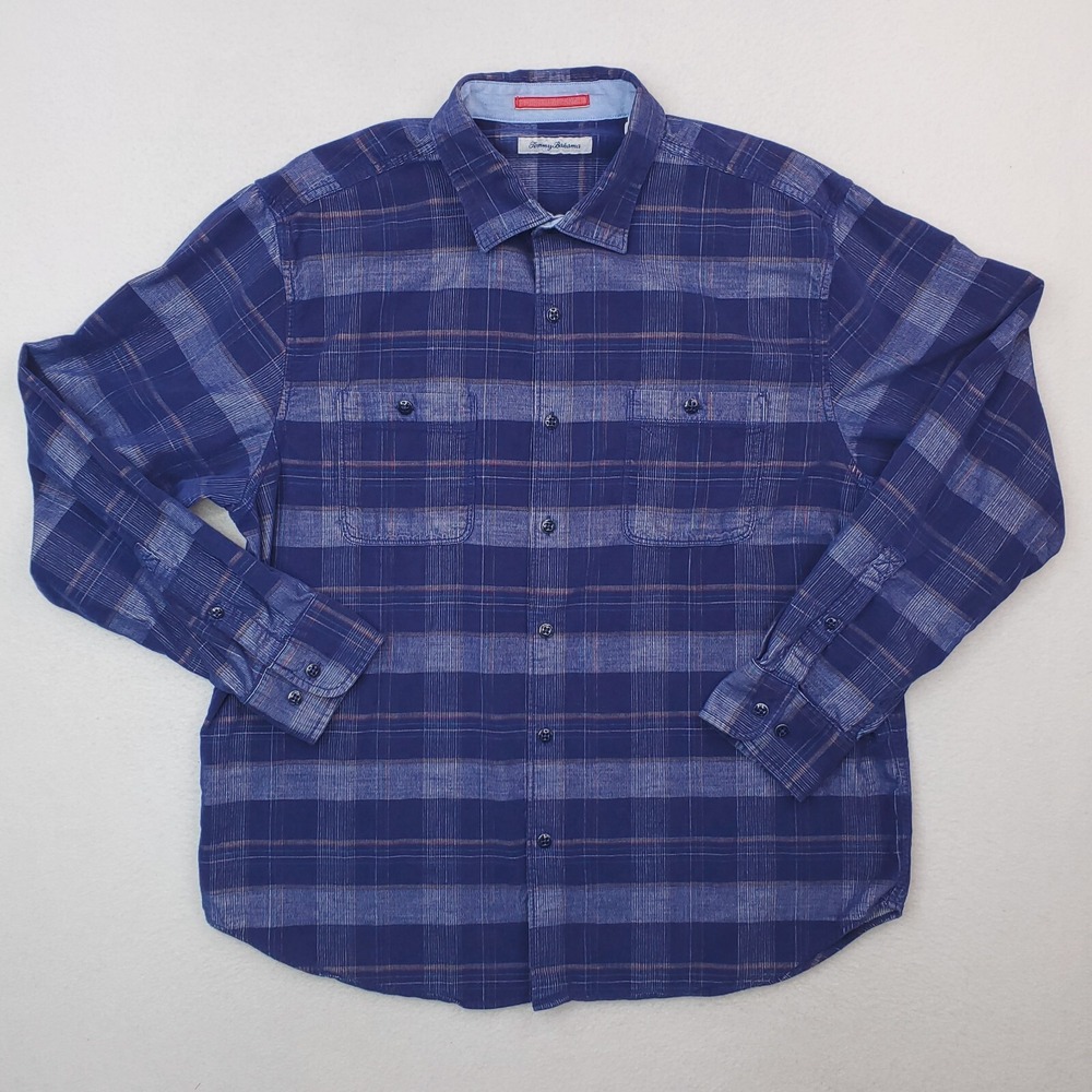 Tommy Bahama Shirt Mens Large Blue Plaid Flannel Micro Corduroy Relaxed Tartan